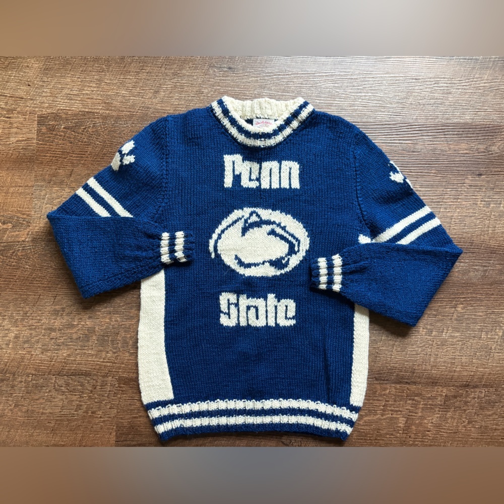 Vintage Hand-knit by Grandma Penn State sweater PSU Nittany Lions blue white XS - Picture 6 of 11